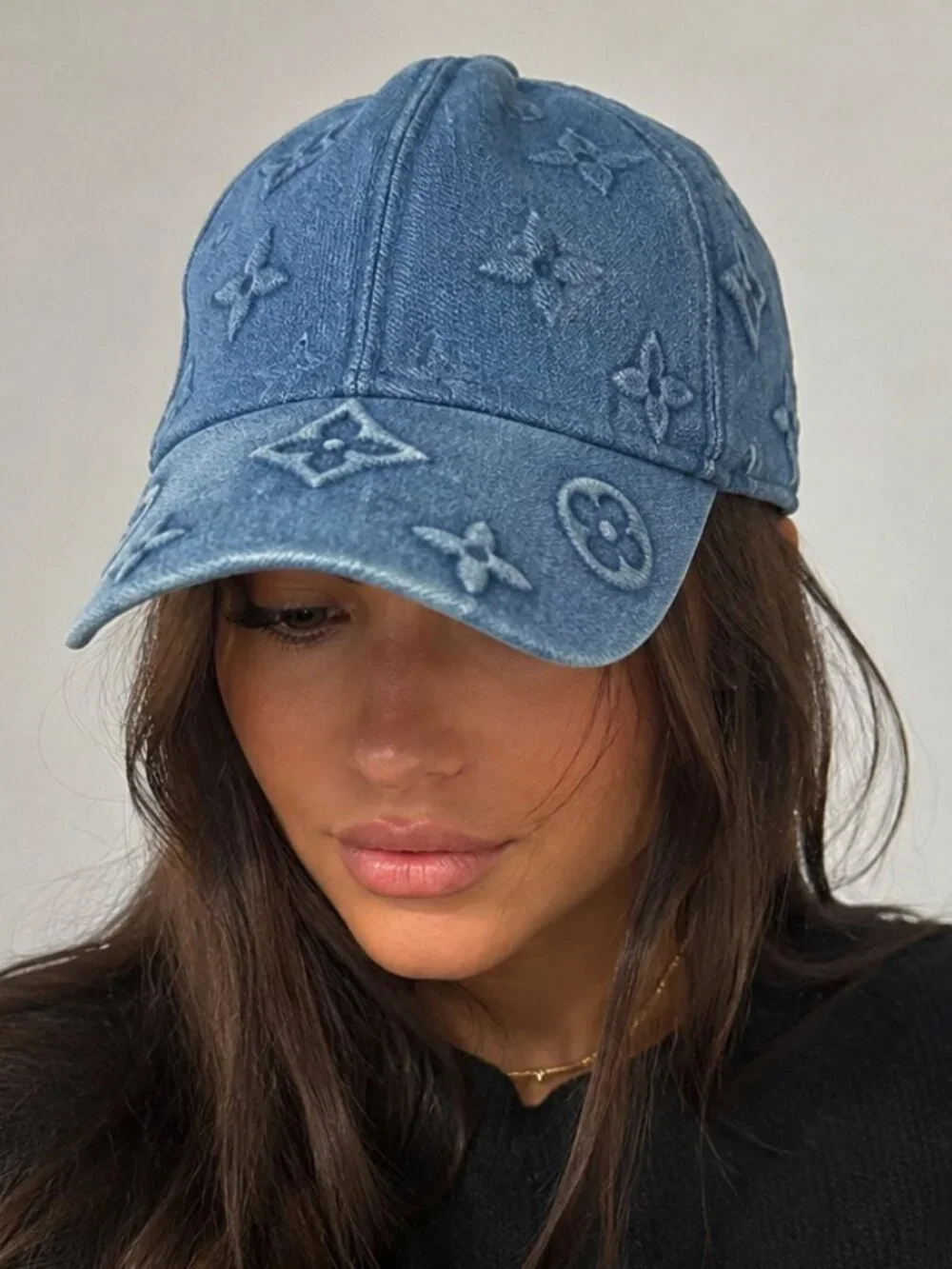 Blue Monogram Embossed Denim Baseball Cap Adjustable Designer Style Hat